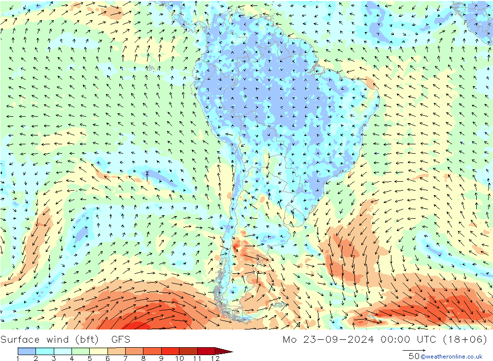 Surface wind (bft) GFS Mo 23.09.2024 00 UTC