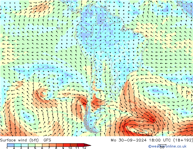 Bodenwind (bft) GFS Mo 30.09.2024 18 UTC