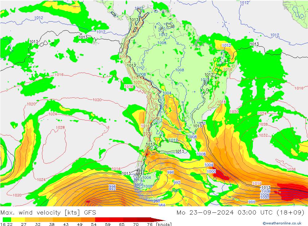 Max. wind velocity GFS пн 23.09.2024 03 UTC