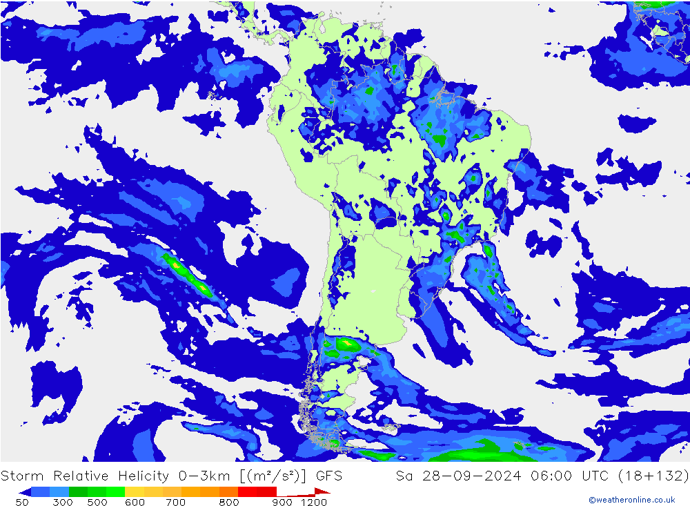 Storm Relative Helicity GFS sam 28.09.2024 06 UTC