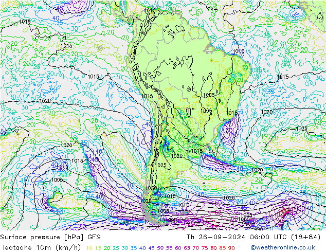 Isotachs (kph) GFS jeu 26.09.2024 06 UTC