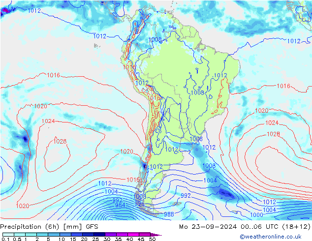 Precipitation (6h) GFS Po 23.09.2024 06 UTC