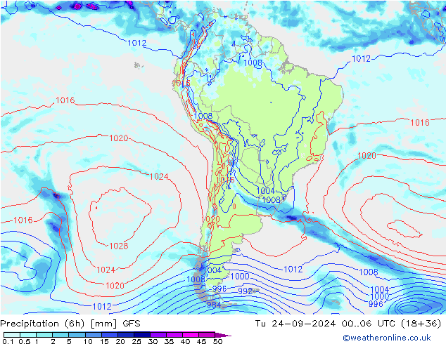 Precipitation (6h) GFS Tu 24.09.2024 06 UTC