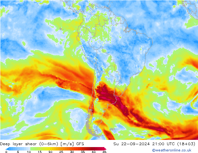 Deep layer shear (0-6km) GFS dom 22.09.2024 21 UTC