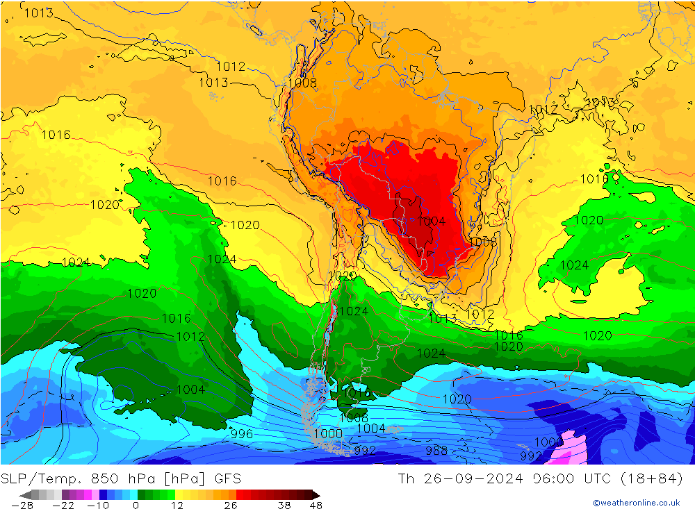 SLP/Temp. 850 hPa GFS gio 26.09.2024 06 UTC