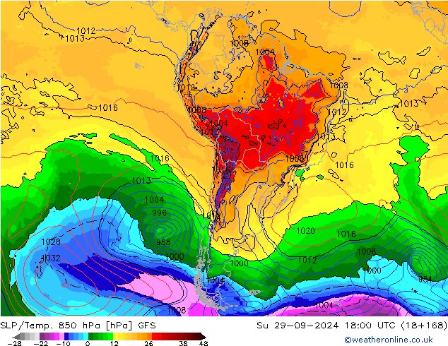 SLP/Temp. 850 hPa GFS nie. 29.09.2024 18 UTC