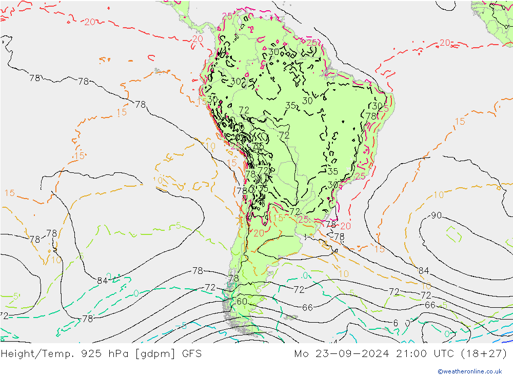 Height/Temp. 925 hPa GFS Mo 23.09.2024 21 UTC