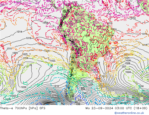 Theta-e 700hPa GFS Po 23.09.2024 03 UTC