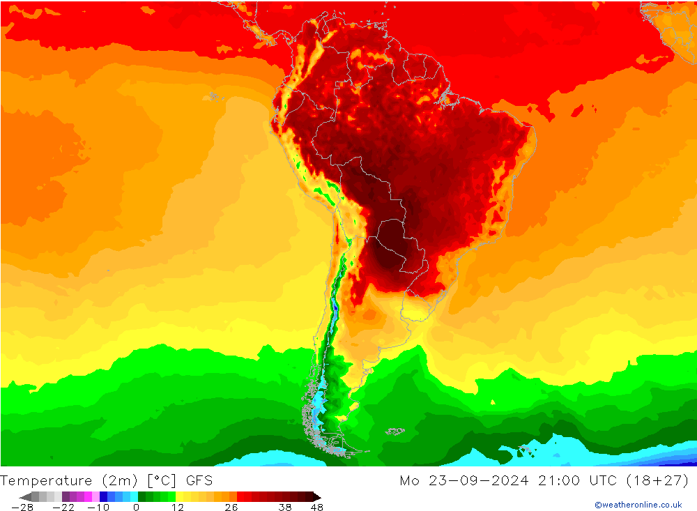 Temperatura (2m) GFS lun 23.09.2024 21 UTC