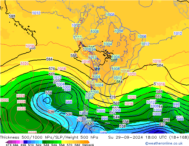 Dikte 500-1000hPa GFS zo 29.09.2024 18 UTC