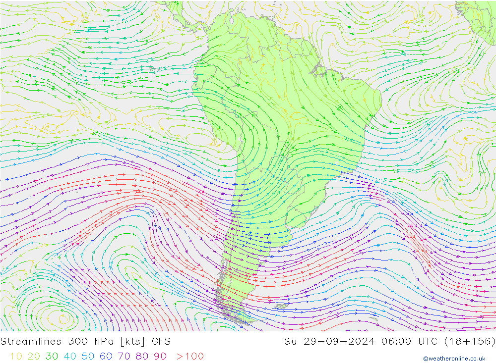 Linea di flusso 300 hPa GFS dom 29.09.2024 06 UTC