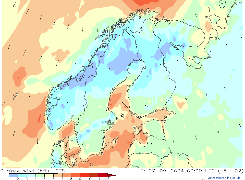 Surface wind (bft) GFS Fr 27.09.2024 00 UTC