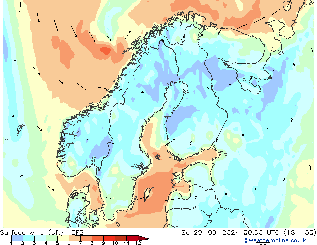 Surface wind (bft) GFS Ne 29.09.2024 00 UTC