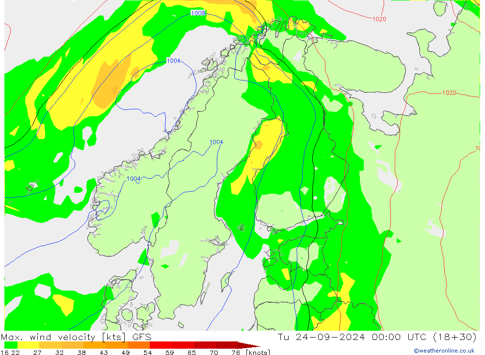 Max. wind velocity GFS Tu 24.09.2024 00 UTC