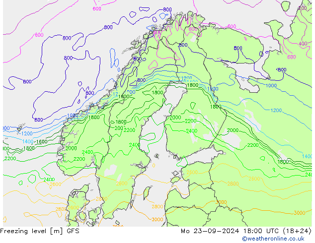 Nulgradenniveau GFS ma 23.09.2024 18 UTC