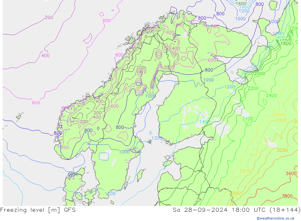 Isoterma de zero graus GFS Sáb 28.09.2024 18 UTC