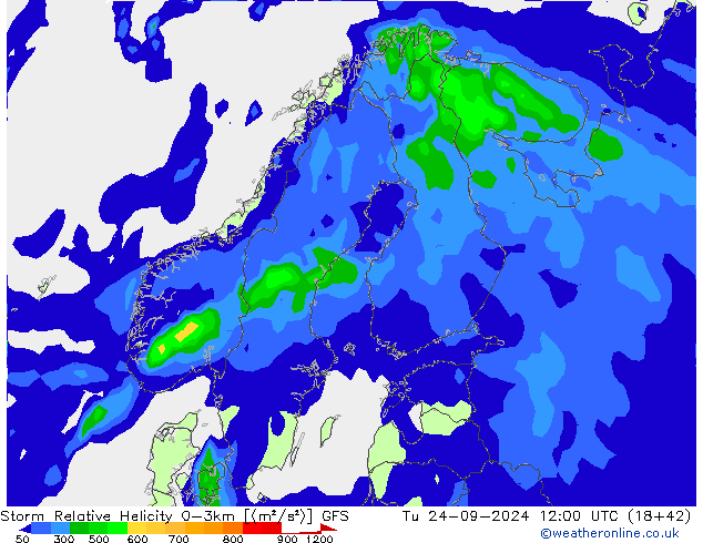 Storm Relative Helicity GFS Tu 24.09.2024 12 UTC