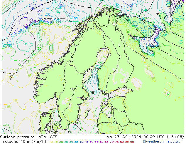 Isotachs (kph) GFS Mo 23.09.2024 00 UTC