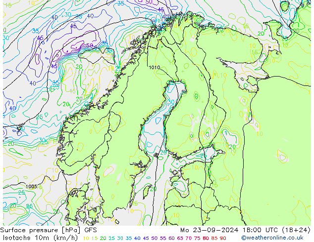 Isotachs (kph) GFS Mo 23.09.2024 18 UTC