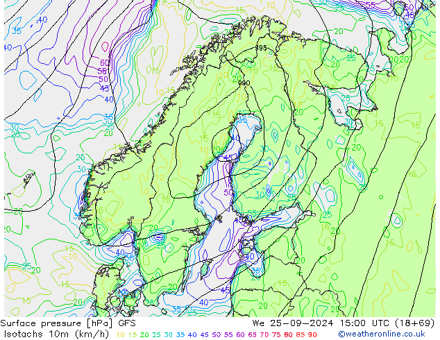 Isotachen (km/h) GFS Mi 25.09.2024 15 UTC