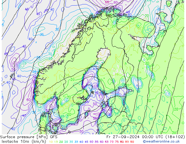 Izotacha (km/godz) GFS pt. 27.09.2024 00 UTC