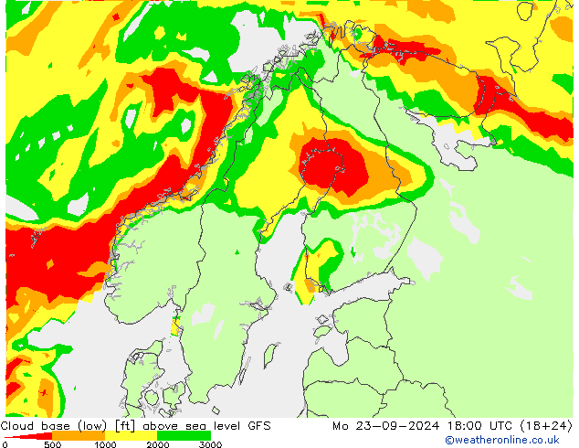 Cloud base (low) GFS pon. 23.09.2024 18 UTC