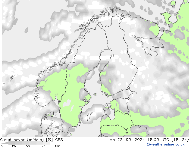 Cloud cover (middle) GFS Mo 23.09.2024 18 UTC