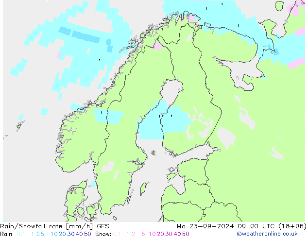 Rain/Snowfall rate GFS 星期一 23.09.2024 00 UTC