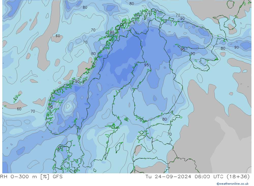 RH 0-300 m GFS Út 24.09.2024 06 UTC