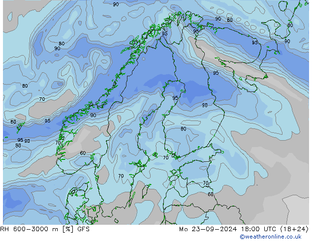 RH 600-3000 m GFS Mo 23.09.2024 18 UTC