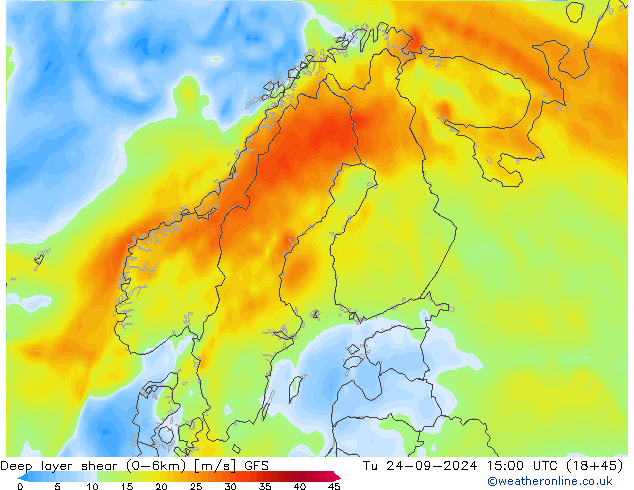 Deep layer shear (0-6km) GFS  24.09.2024 15 UTC