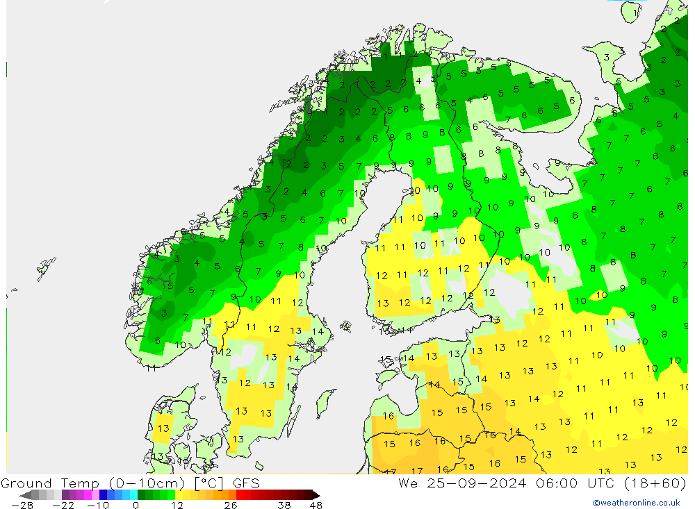 Temperatura del suelo (0-10cm) GFS mié 25.09.2024 06 UTC