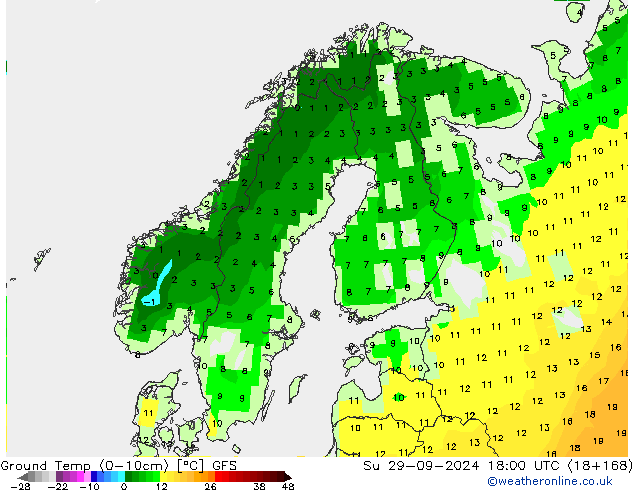 Temp. gruntu (0-10cm) GFS nie. 29.09.2024 18 UTC