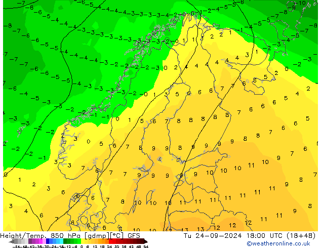 Geop./Temp. 850 hPa GFS mar 24.09.2024 18 UTC