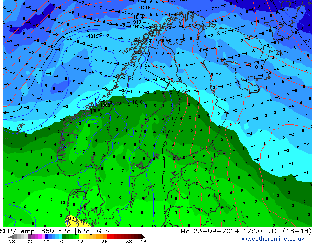 SLP/Temp. 850 hPa GFS Mo 23.09.2024 12 UTC