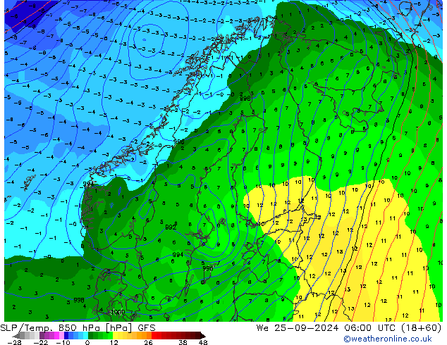 SLP/Temp. 850 hPa GFS We 25.09.2024 06 UTC