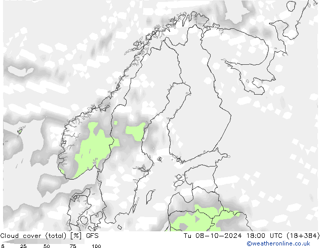 Cloud cover (total) GFS Tu 08.10.2024 18 UTC