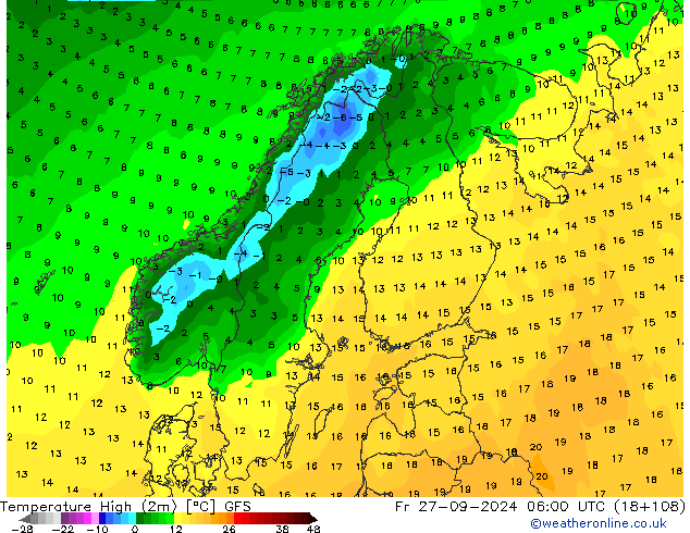 Nejvyšší teplota (2m) GFS Pá 27.09.2024 06 UTC