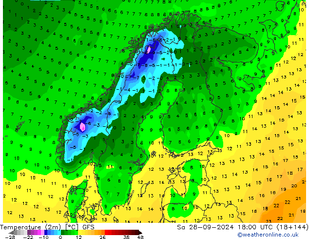 Temperature (2m) GFS Sa 28.09.2024 18 UTC