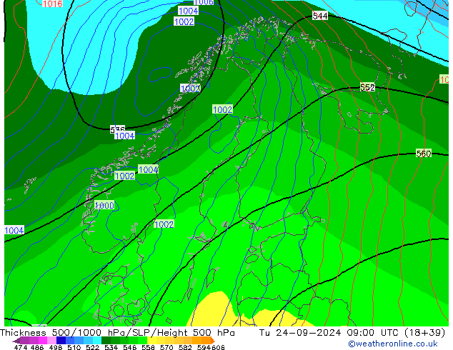 Espesor 500-1000 hPa GFS mar 24.09.2024 09 UTC