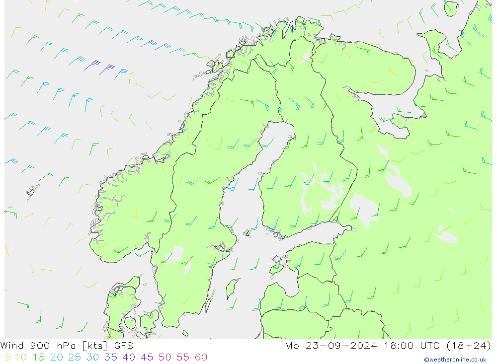 wiatr 900 hPa GFS pon. 23.09.2024 18 UTC