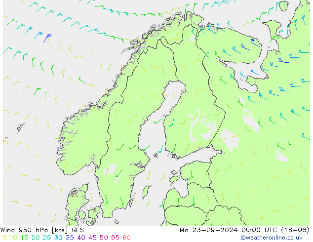 wiatr 950 hPa GFS pon. 23.09.2024 00 UTC