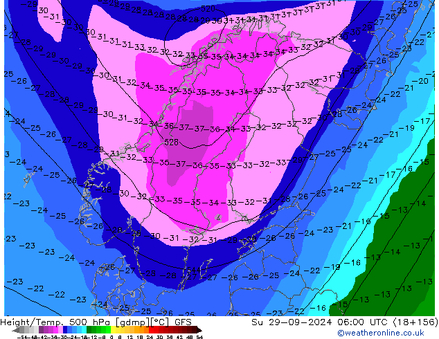 Hoogte/Temp. 500 hPa GFS zo 29.09.2024 06 UTC