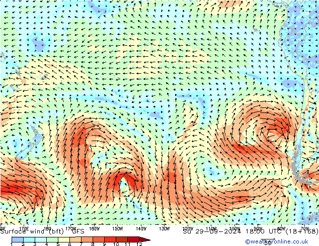 wiatr 10 m (bft) GFS nie. 29.09.2024 18 UTC