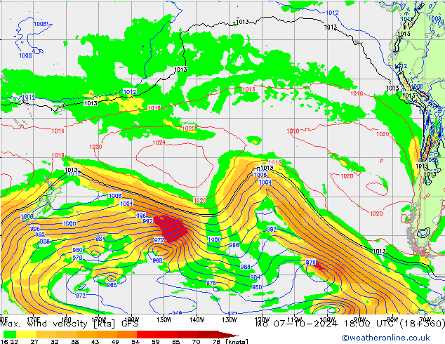 Max. wind snelheid GFS ma 07.10.2024 18 UTC