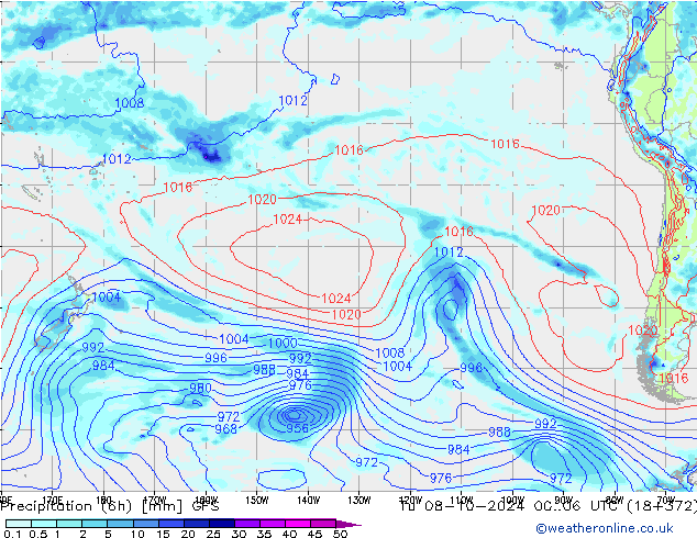 Totale neerslag (6h) GFS di 08.10.2024 06 UTC