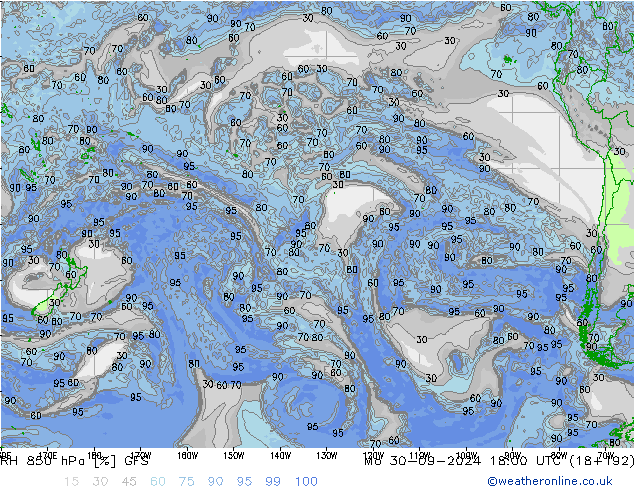 RH 850 hPa GFS Mo 30.09.2024 18 UTC