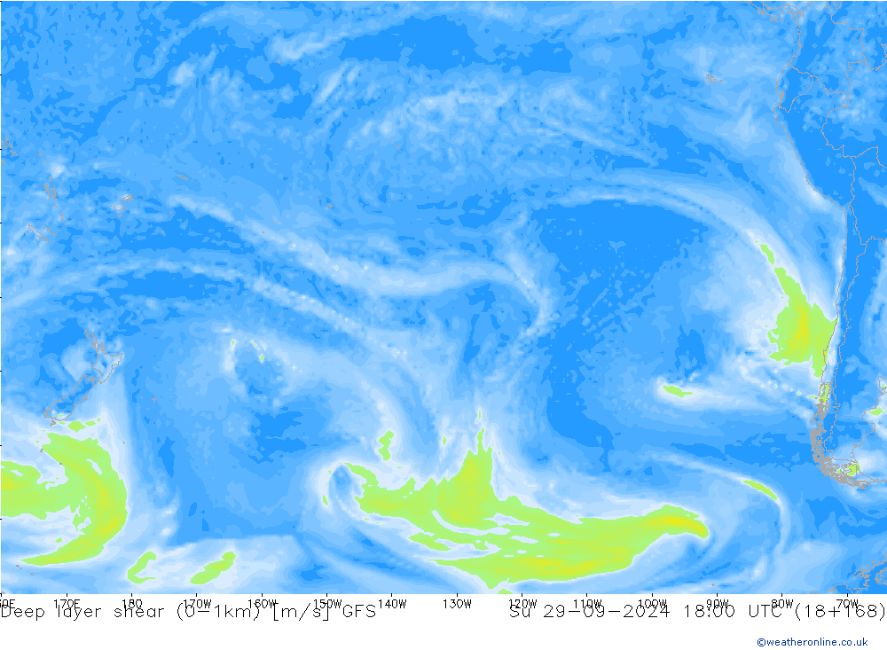 Deep layer shear (0-1km) GFS Su 29.09.2024 18 UTC