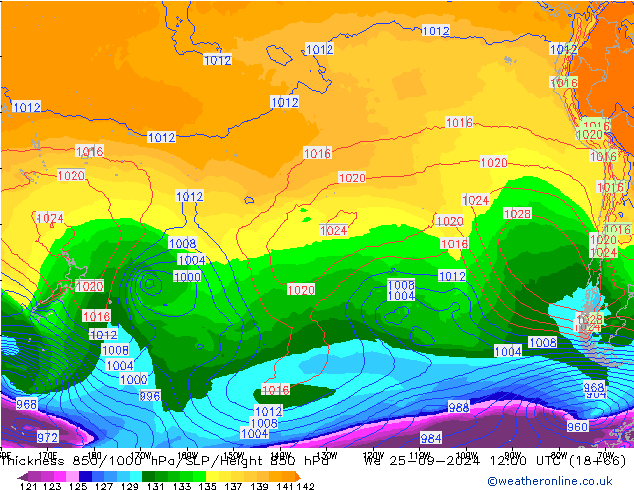 Thck 850-1000 hPa GFS Qua 25.09.2024 12 UTC