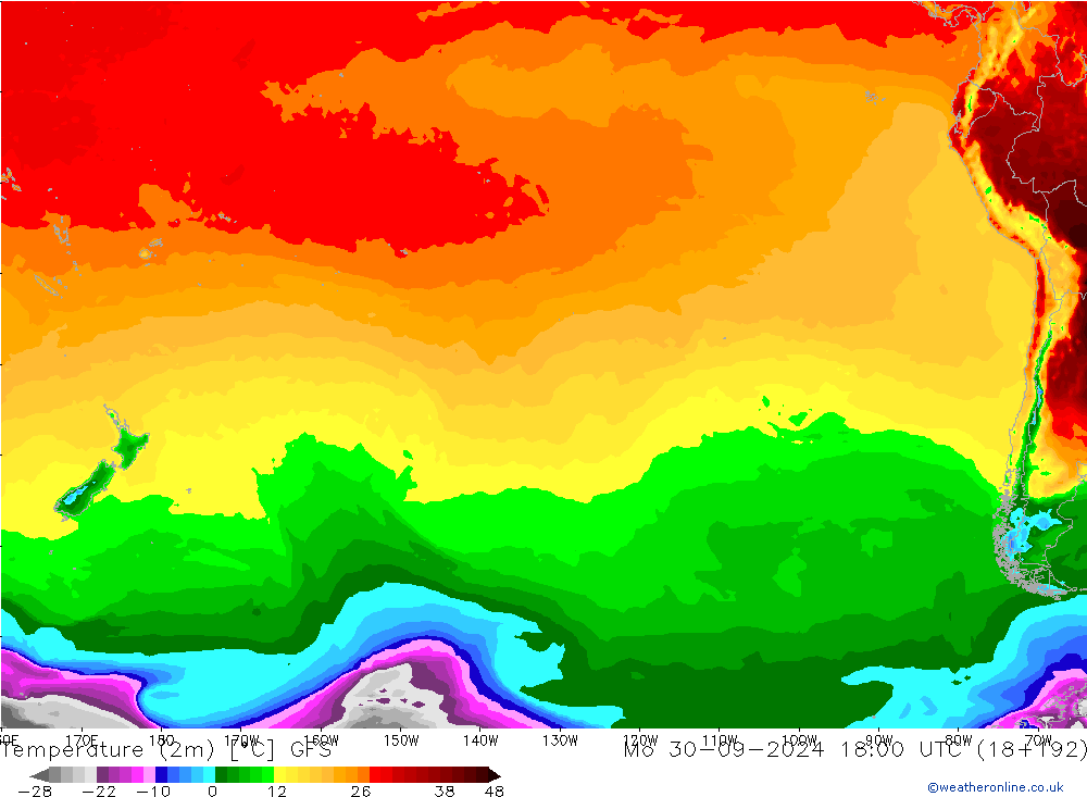 Temperature (2m) GFS Mo 30.09.2024 18 UTC